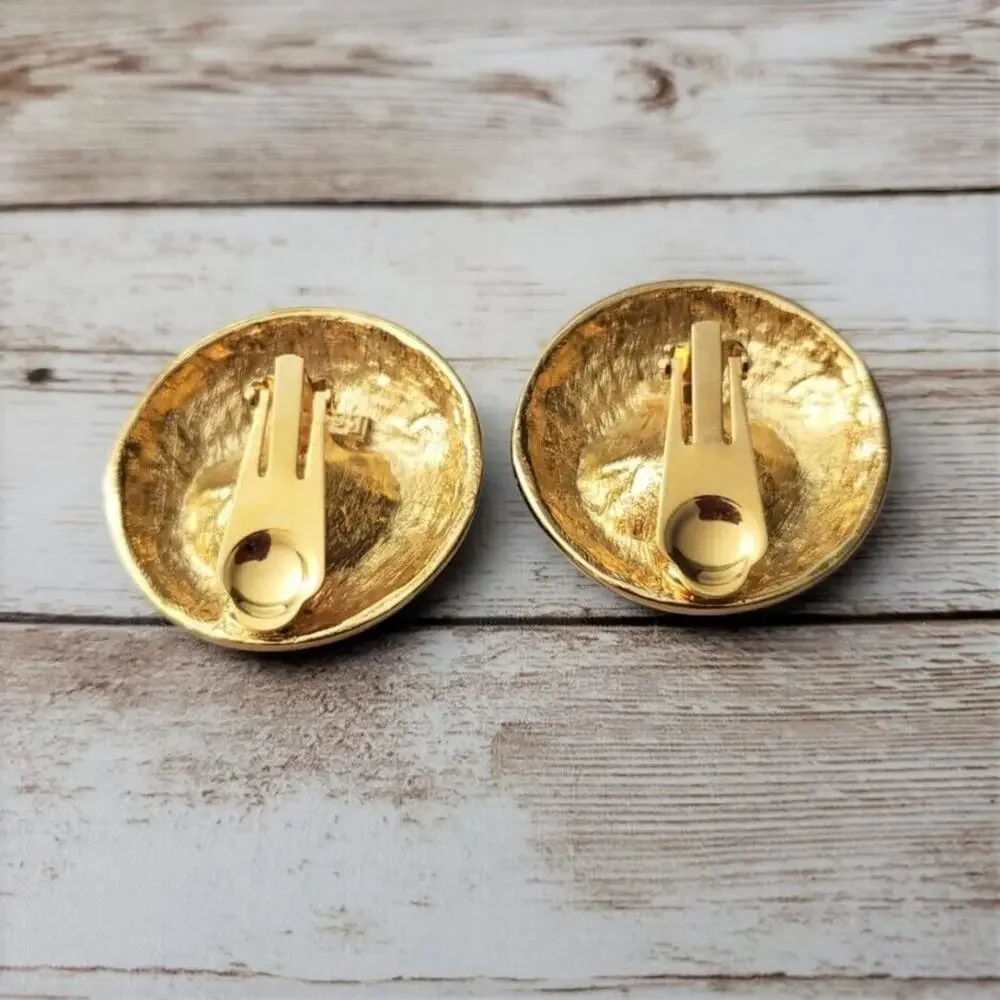Vintage Essex Clip On Earrings Statement Gold Tone & Black Circle, Clear Gems